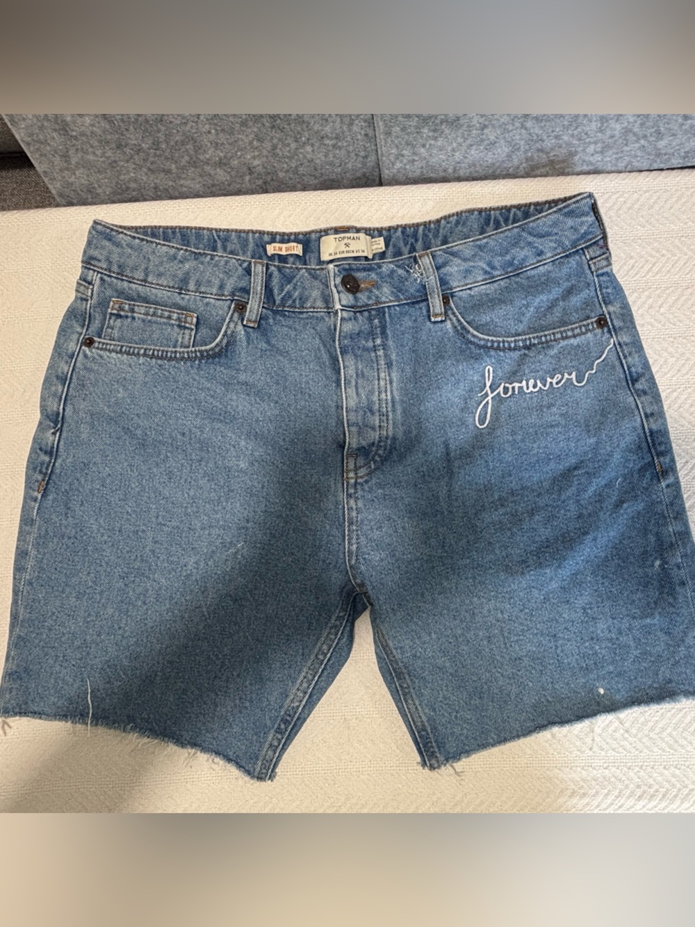 💛Topman Blue Denim Bermuda Shorts with 'Forever' Embroidery